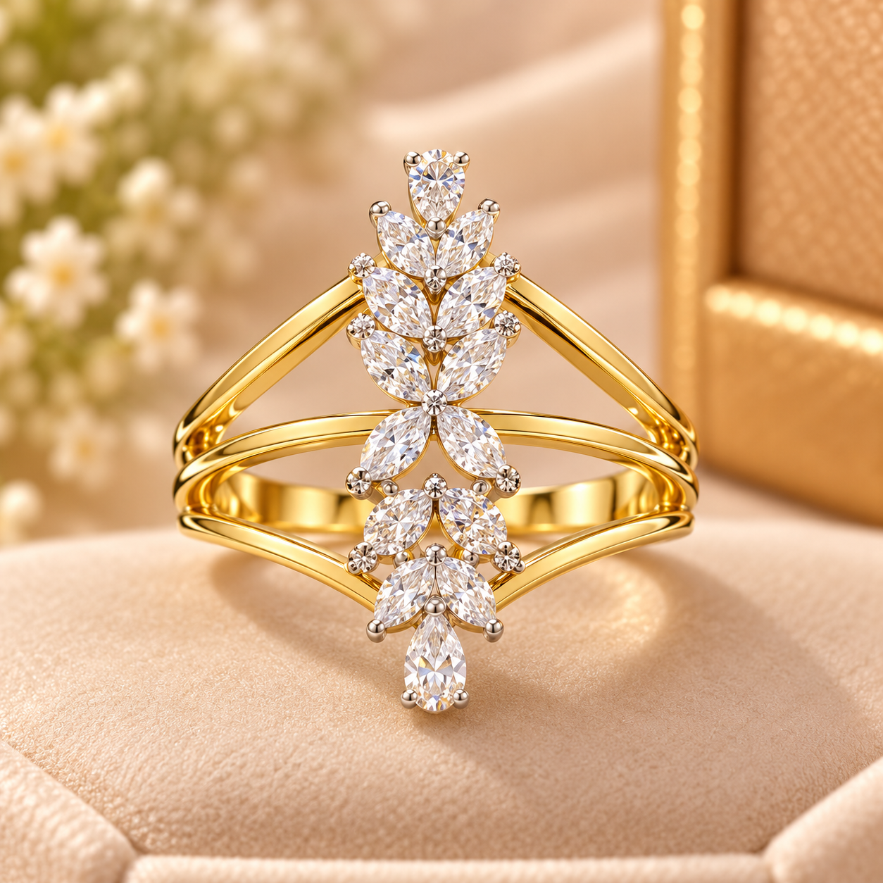 Luxurious Gold Diamond Floral Ring